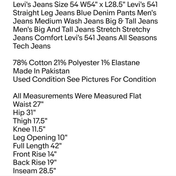 Levi's Jeans Size 54 W54" x L28.5" Levi's 541 Straight Leg Jeans Blue Denim Pant - Picture 2 of 8